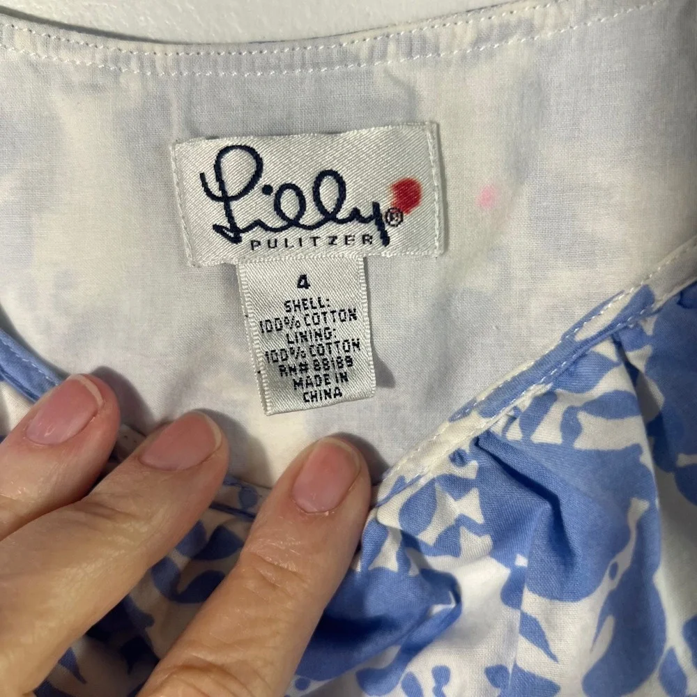 Womens Vintage Lilly Pulitzer Baby Doll Crab Blouse Blue White 4 Cotton